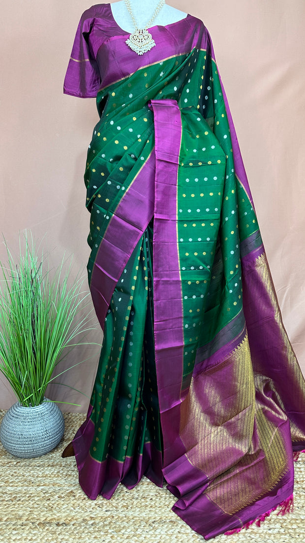 Bottle Green and Wine Red  Kanchivaram Silk Handwoven Saree with Stitched Blouse