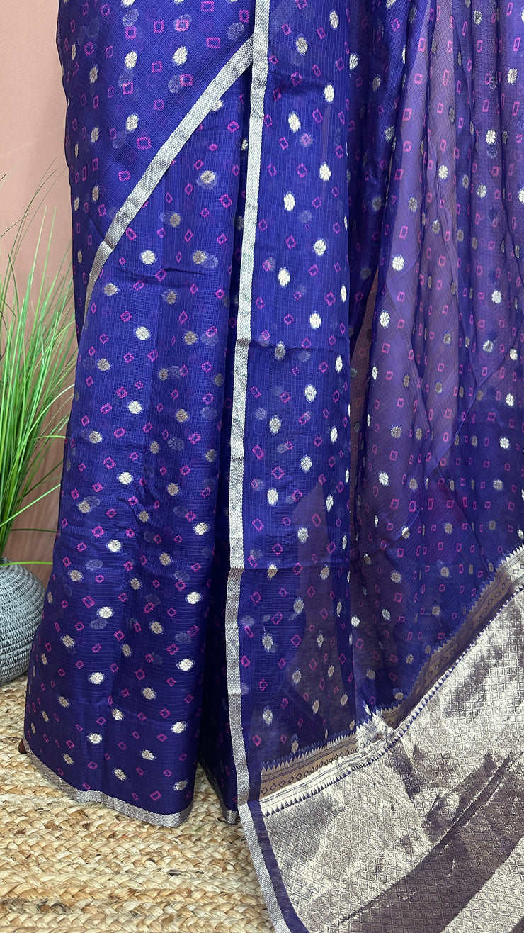 Blue Silk Katan Kotta Bandhej Saree with Stitched Blouse