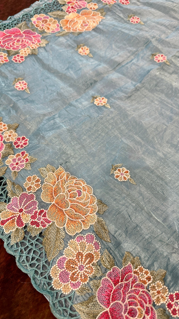 Light blue crushed tissue saree with cut work, with BP