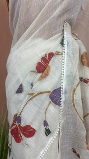 Tissue linen saree with kamalkari patch work, with contrast blouse