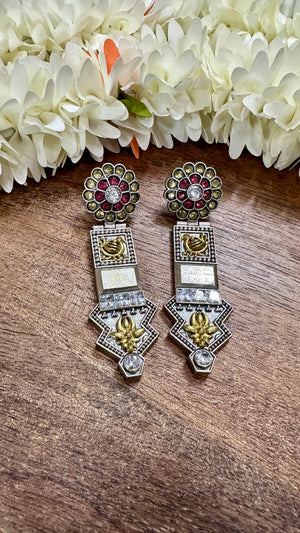 Long earring with red and yellow stones