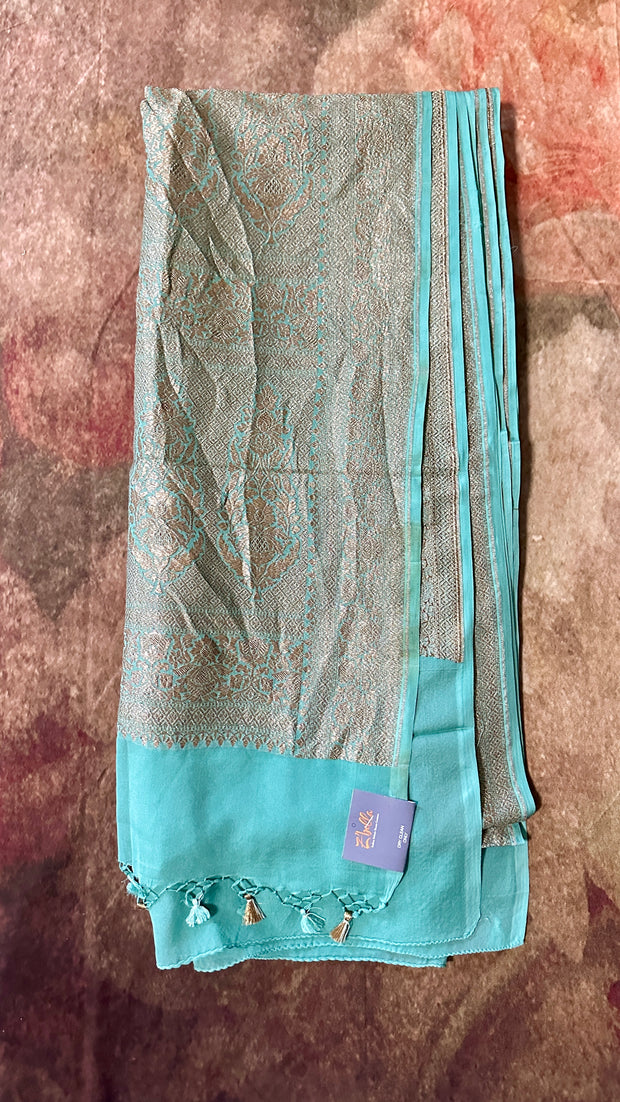 Jade green Pure Khaddi georgette banarsi saree with stitched blouse