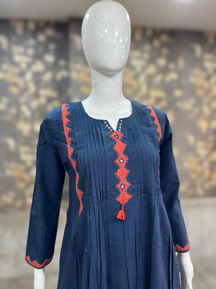 Navy blue cotton kurti with mirror and hadwork, and bottom