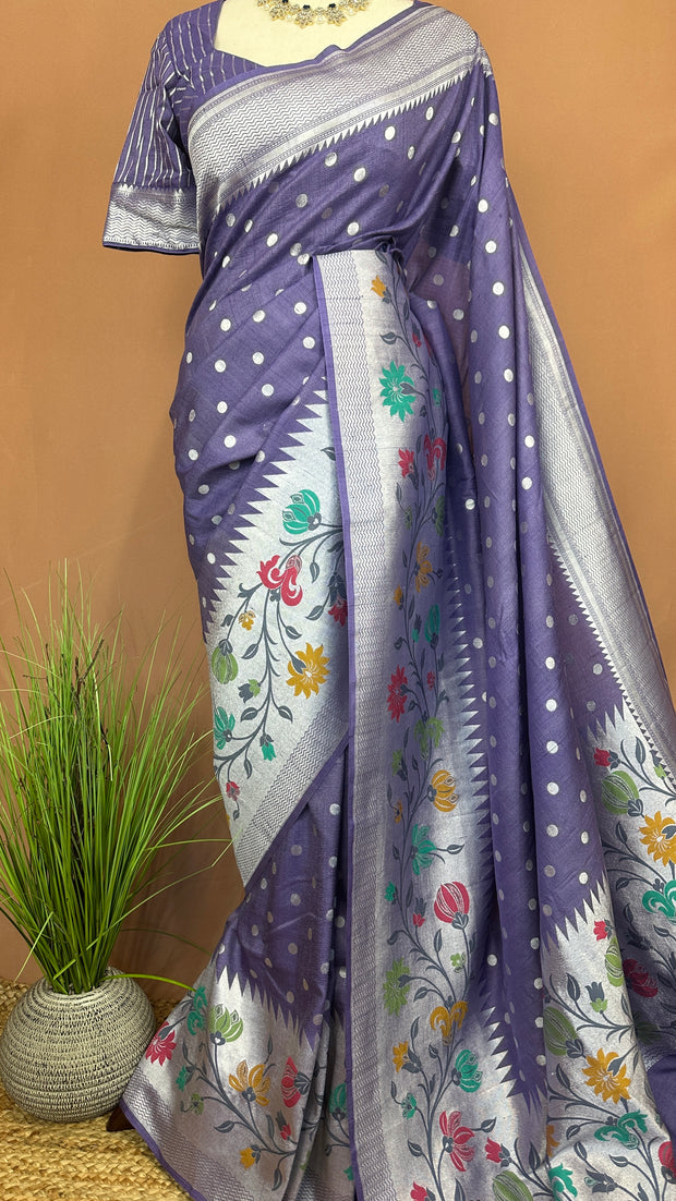 Pure tussar georgette hand loom banarsi saree with Paithani border, stitched blouse