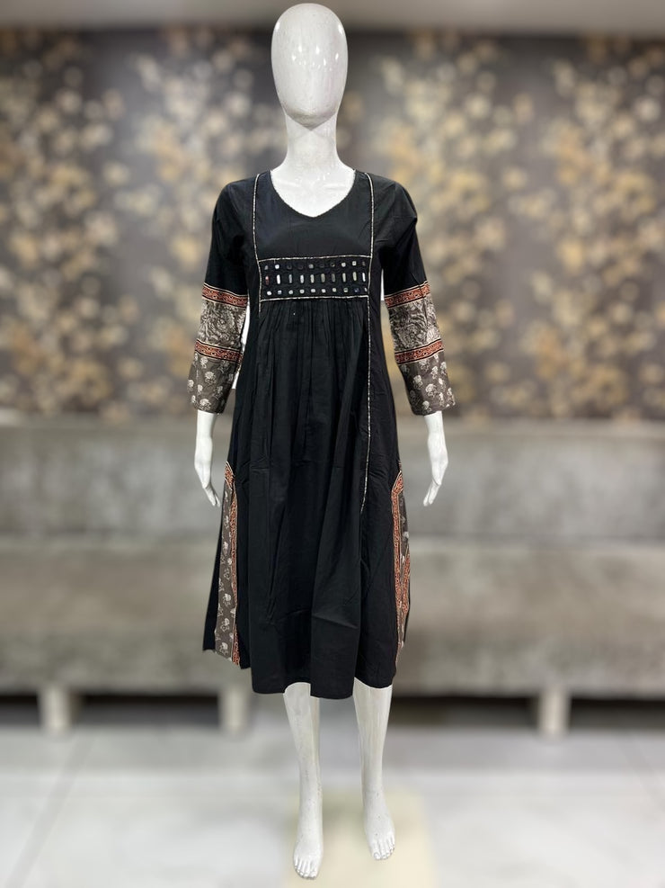 Black kurti with real mirror and Ajrakh patch work