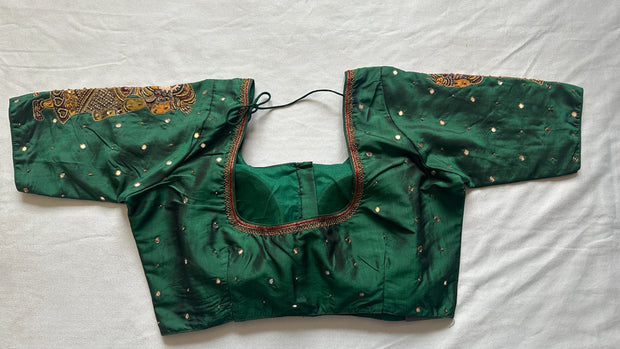 Green silk blouse with kalamkari patch work , mirror and bead work