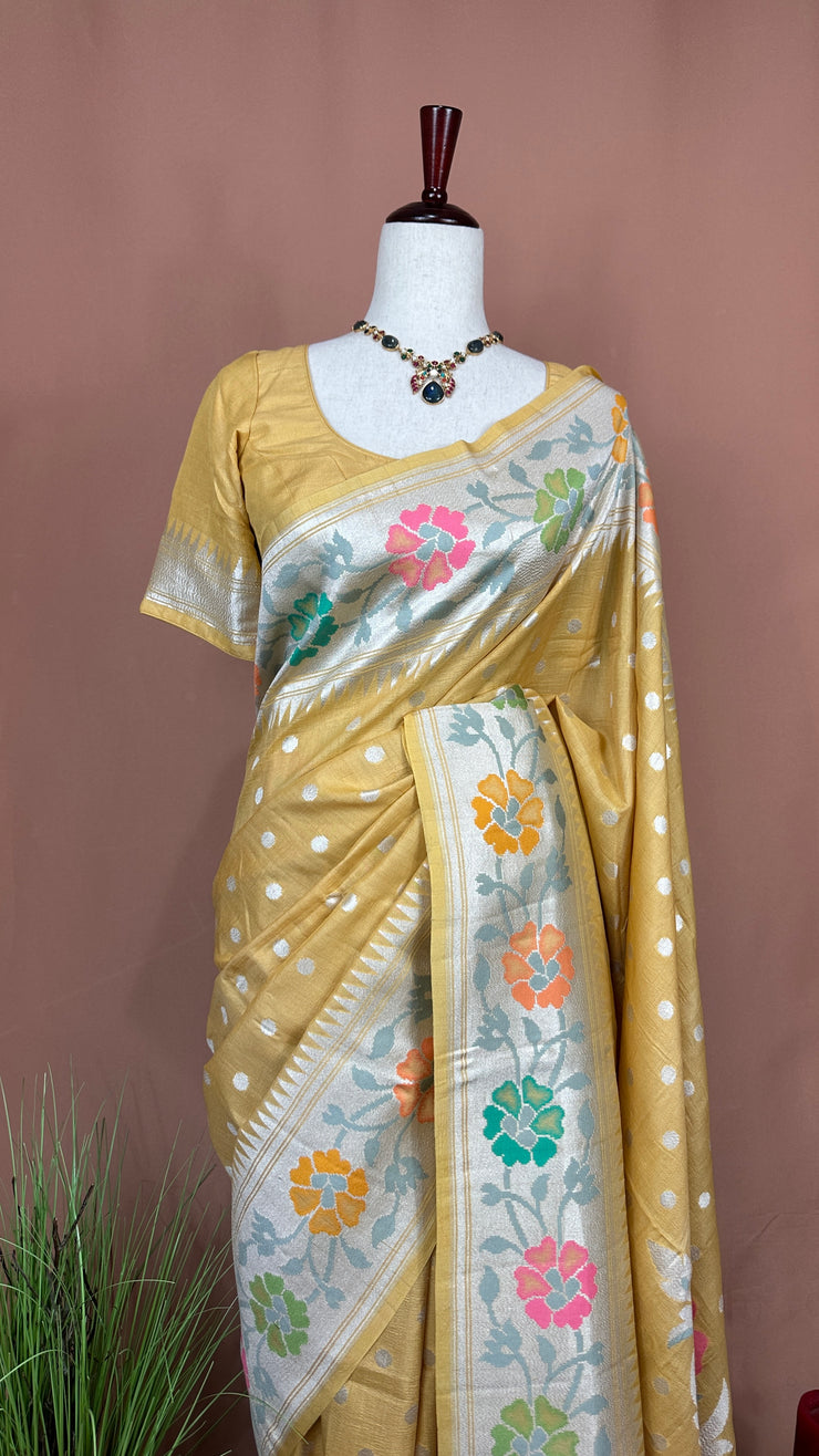 Pure tussar georgette hand loom banarsi saree with Paithani border, stitched blouse