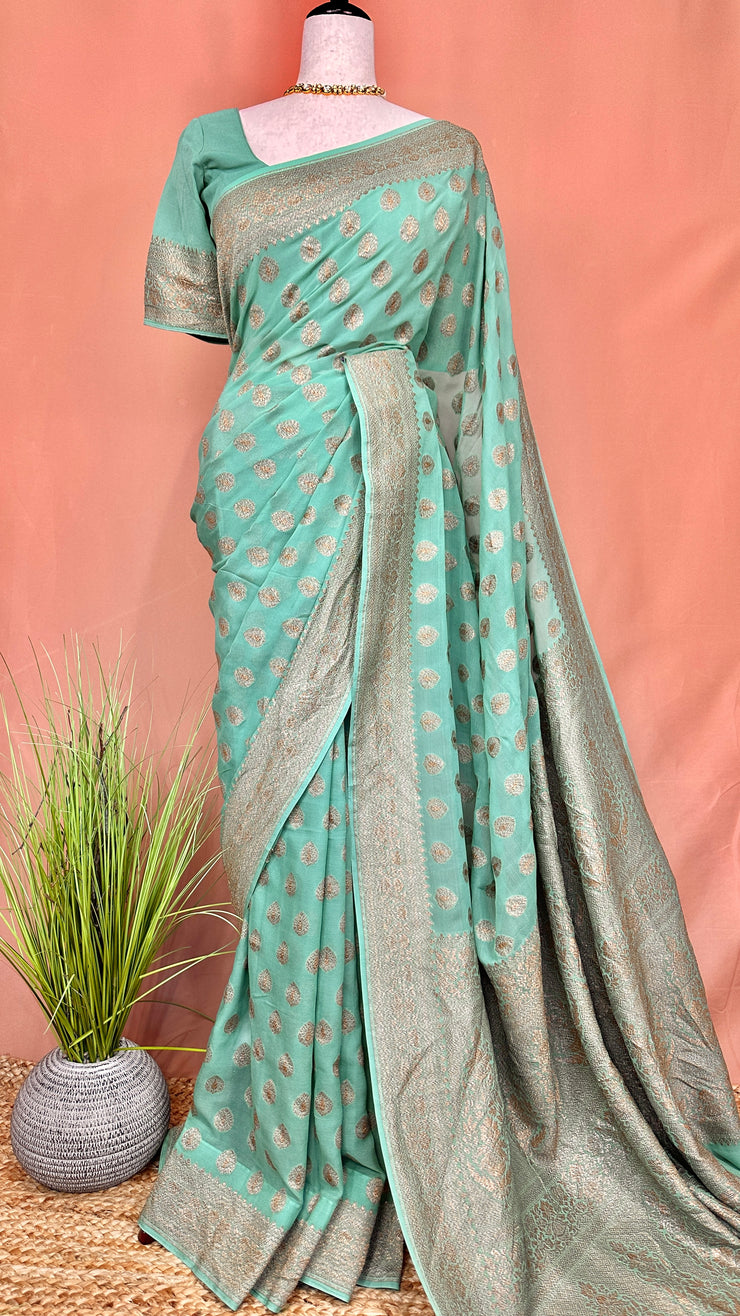 Jade green Pure Khaddi georgette banarsi saree with stitched blouse