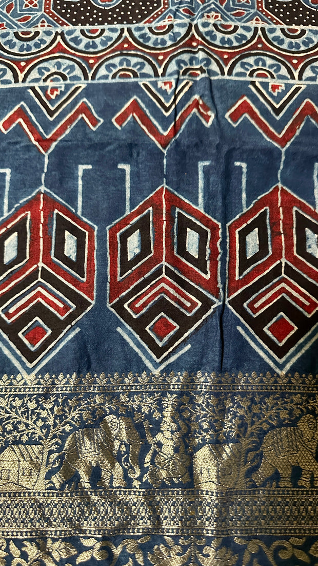 Indigo Blue Ajrakh hand block printed dola silk saree with stitched blouse