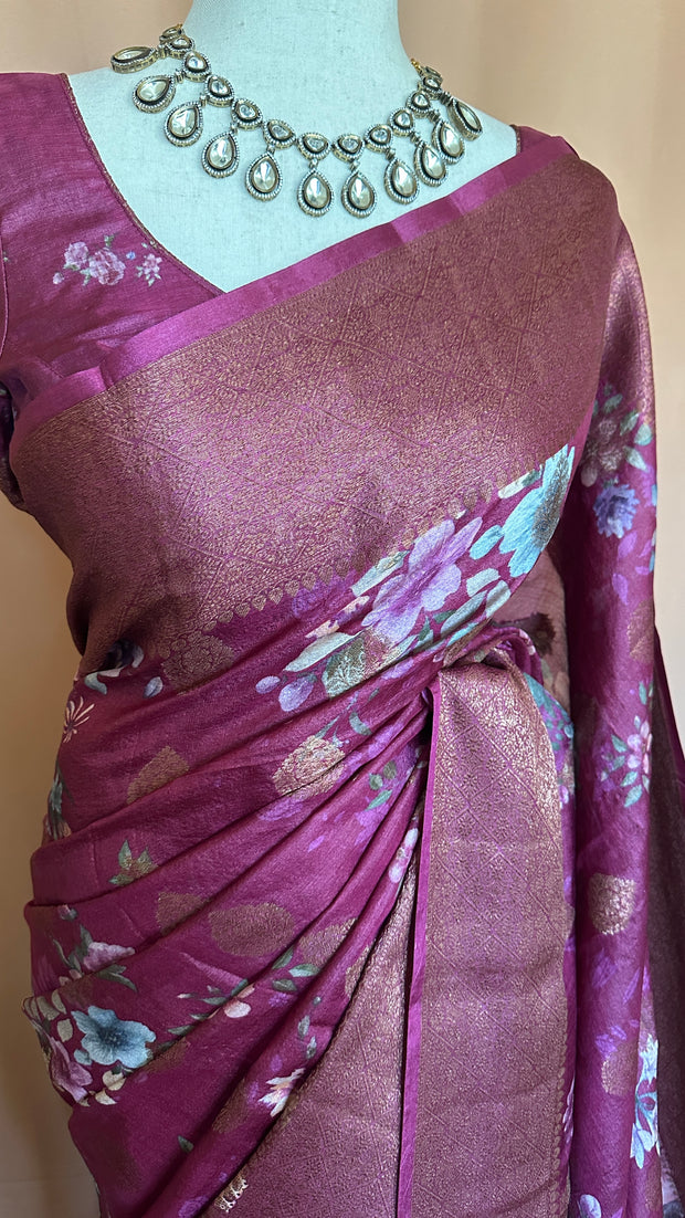 Floral printed pure tussar banarsi with stitched blouse