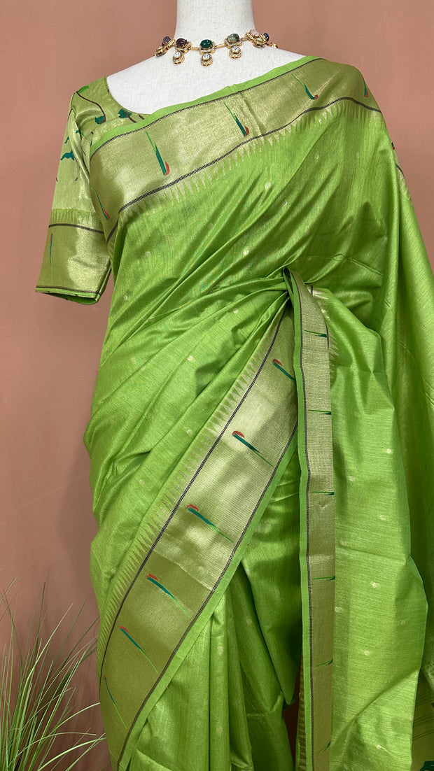 Semi tussar silk saree with Paithani weave, with stitched blouse