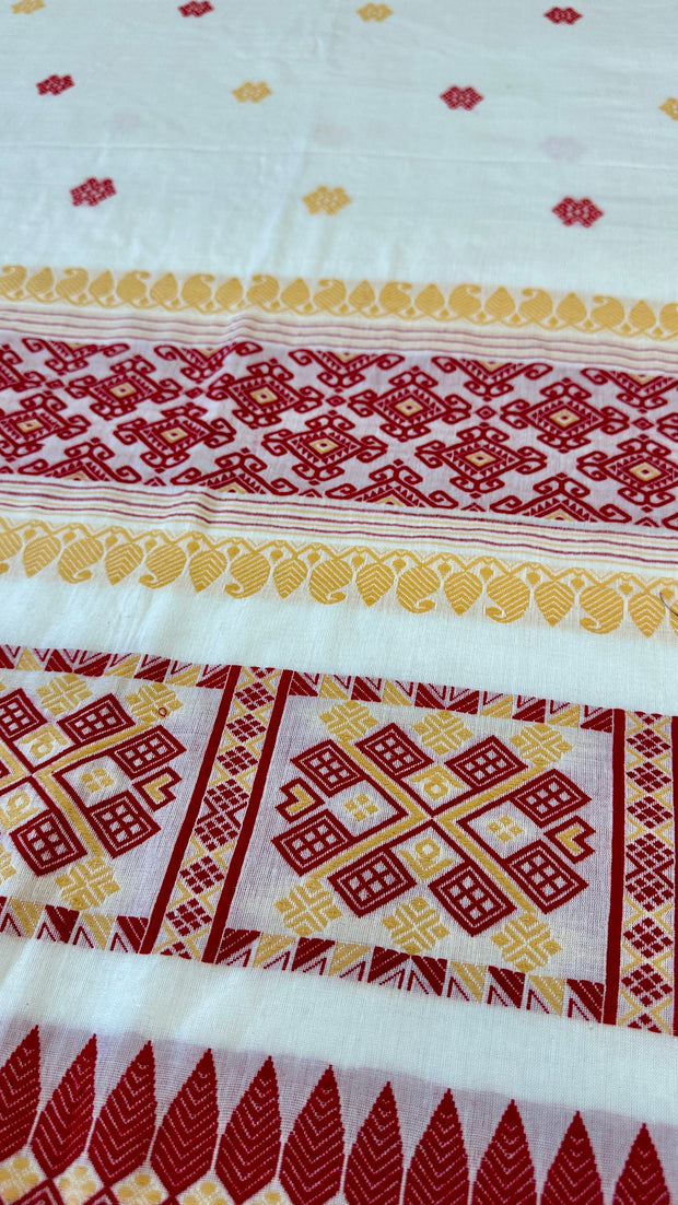 Handloom cotton saree with red thread weave, with stitched blouse