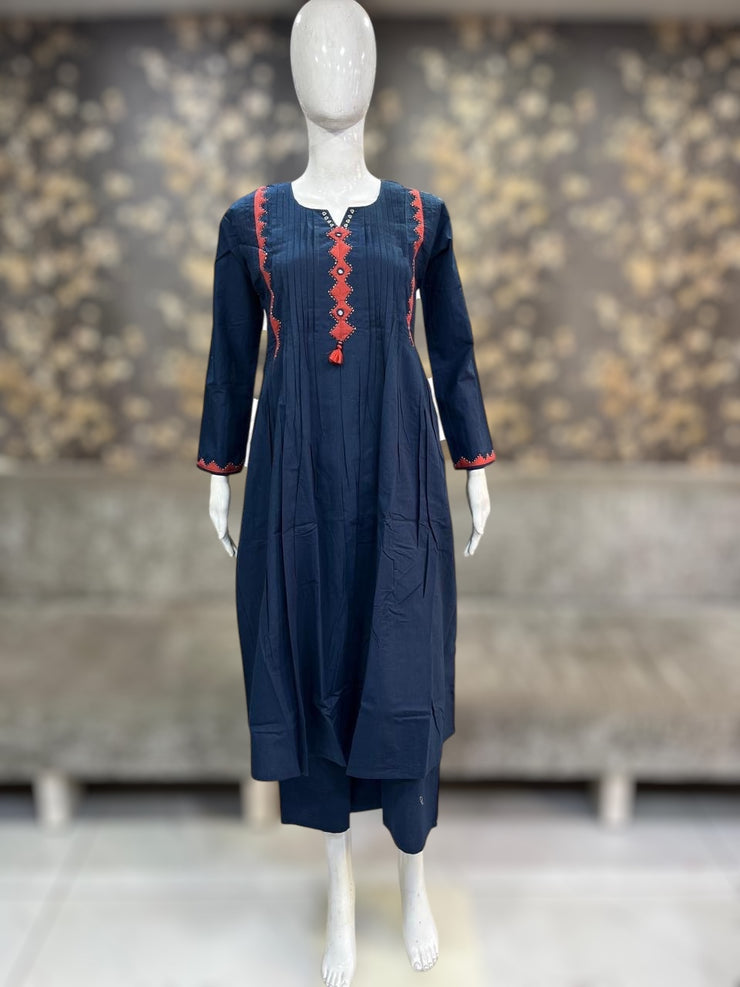 Navy blue cotton kurti with mirror and hadwork, and bottom