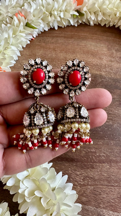 Victorian finish jhumka with red stone