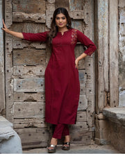 Maroon Cotton kurti with emroidery and bottom