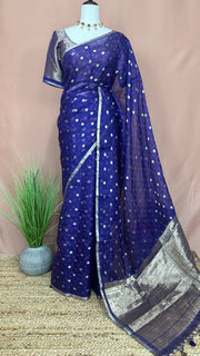 Blue Silk Katan Kotta Bandhej Saree with Stitched Blouse