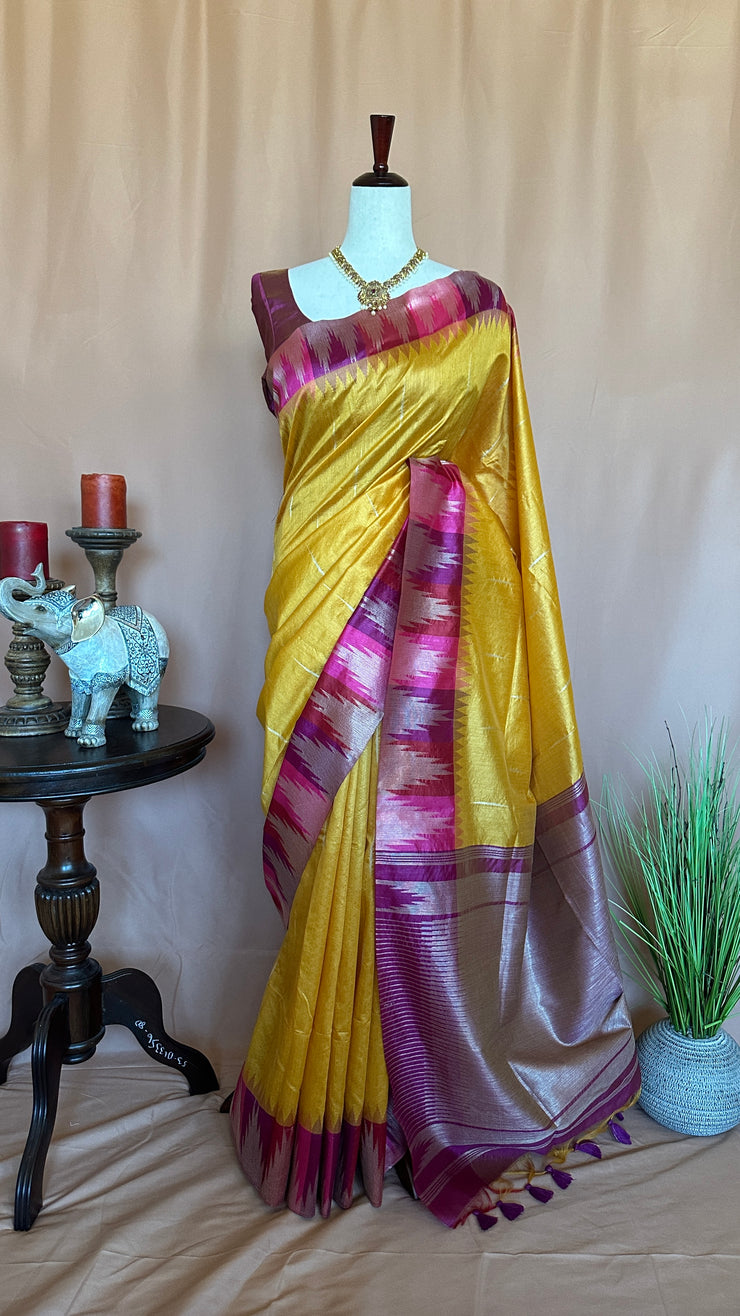 Semi tussar silk saree with temple border weave, with stitched blouse