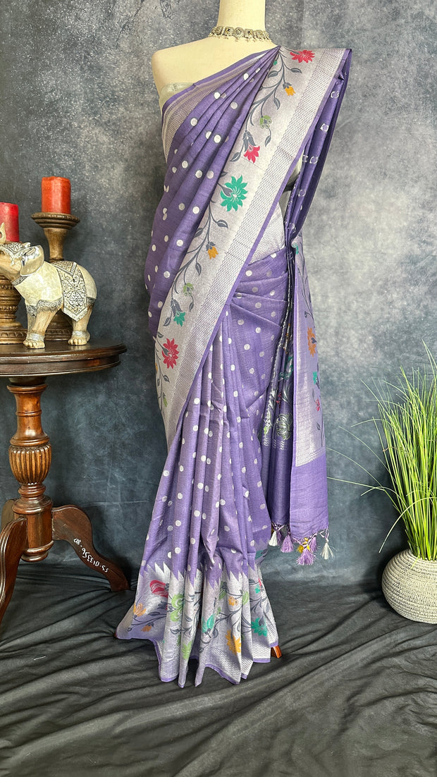 Pure tussar georgette hand loom banarsi saree with Paithani border, stitched blouse