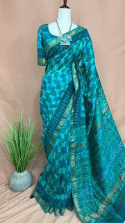 Handblock printed Maheswari cotton silk saree with stitched designer blouse