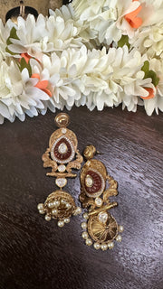 Moissanite stone Jhumka with Maroon carved stone