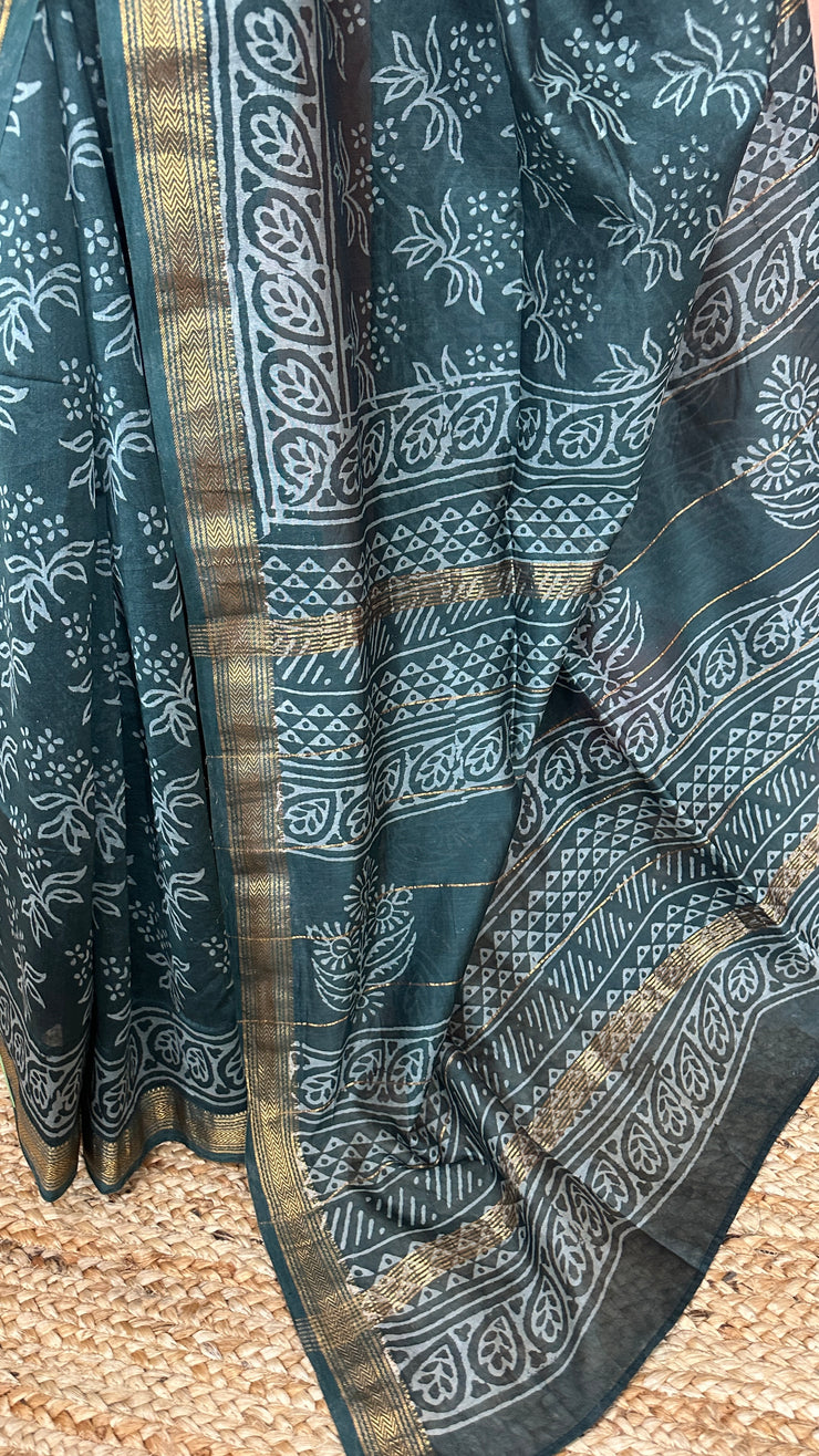 Handblock printed Maheswari cotton silk saree with stitched designer blouse