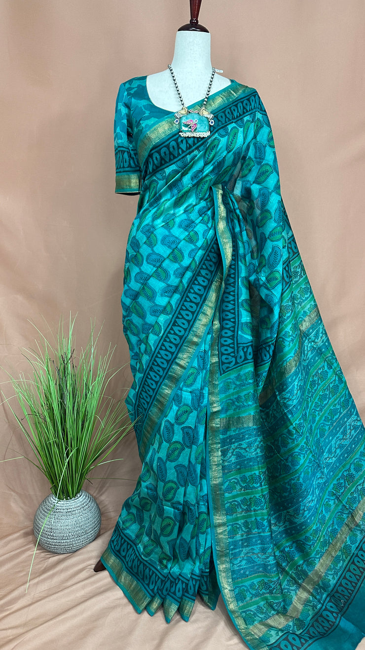 Handblock printed Maheswari cotton silk saree with stitched designer blouse