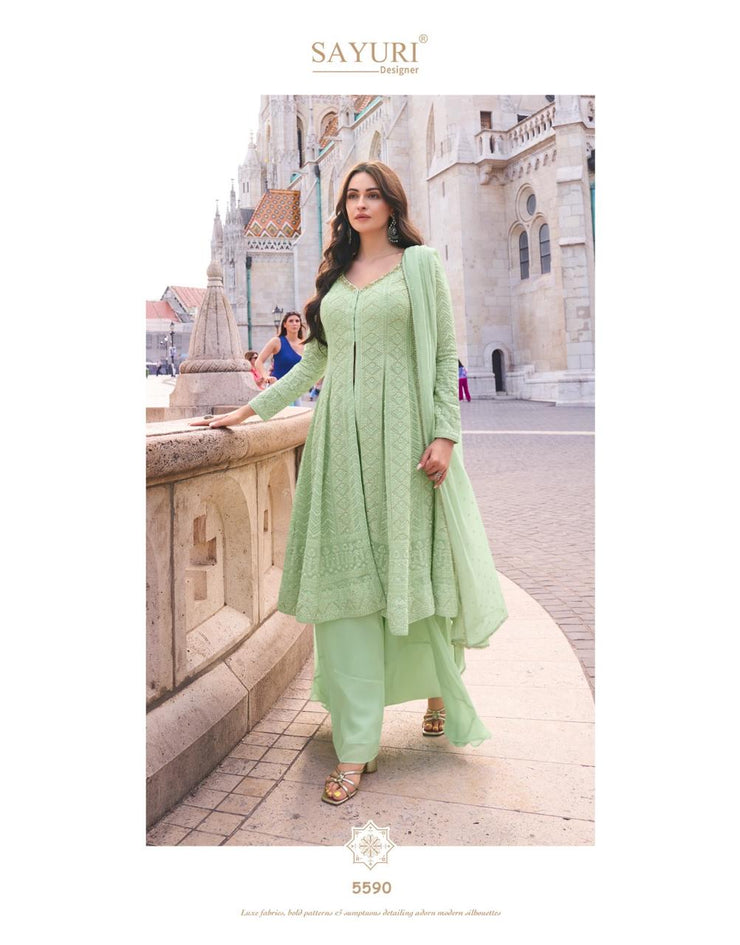 Mint green flared top with palazzo and dupatta