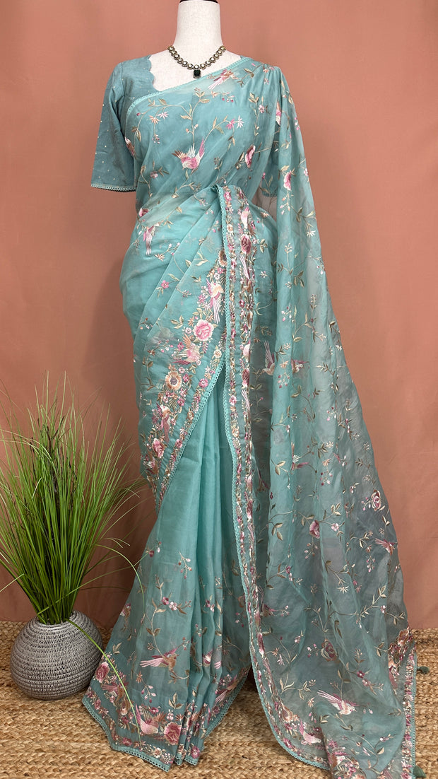 Light Blue Soft Organza Saree with Parsi Gara Machine Embroidery Work, with stitched blouse