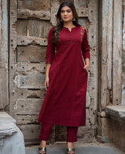 Maroon Cotton kurti with emroidery and bottom