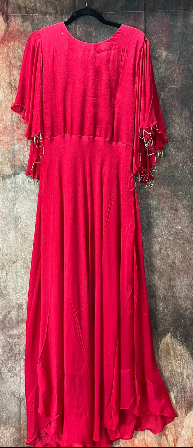 Red gown with sleeve pattern and belt