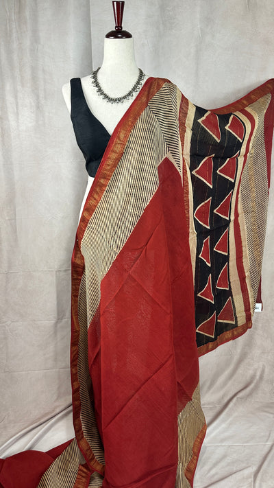 Handblock printed Maheswari cotton silk saree