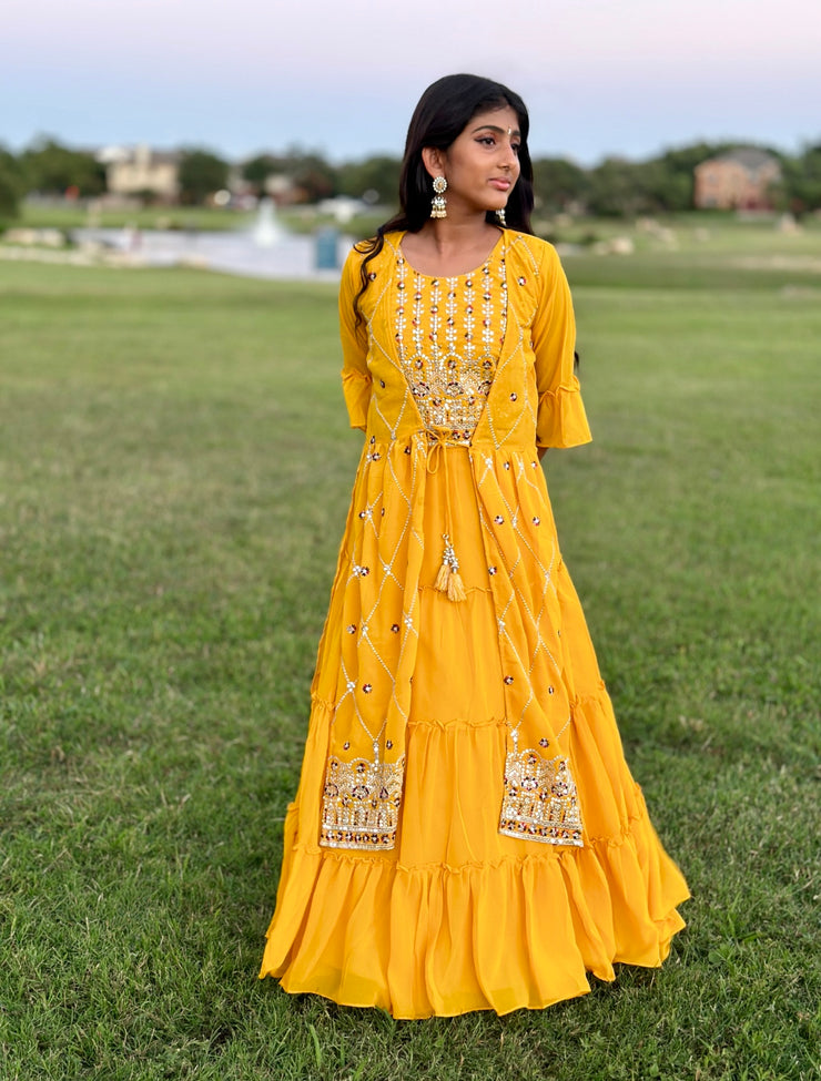 Mustard yellow lehanga with shrug