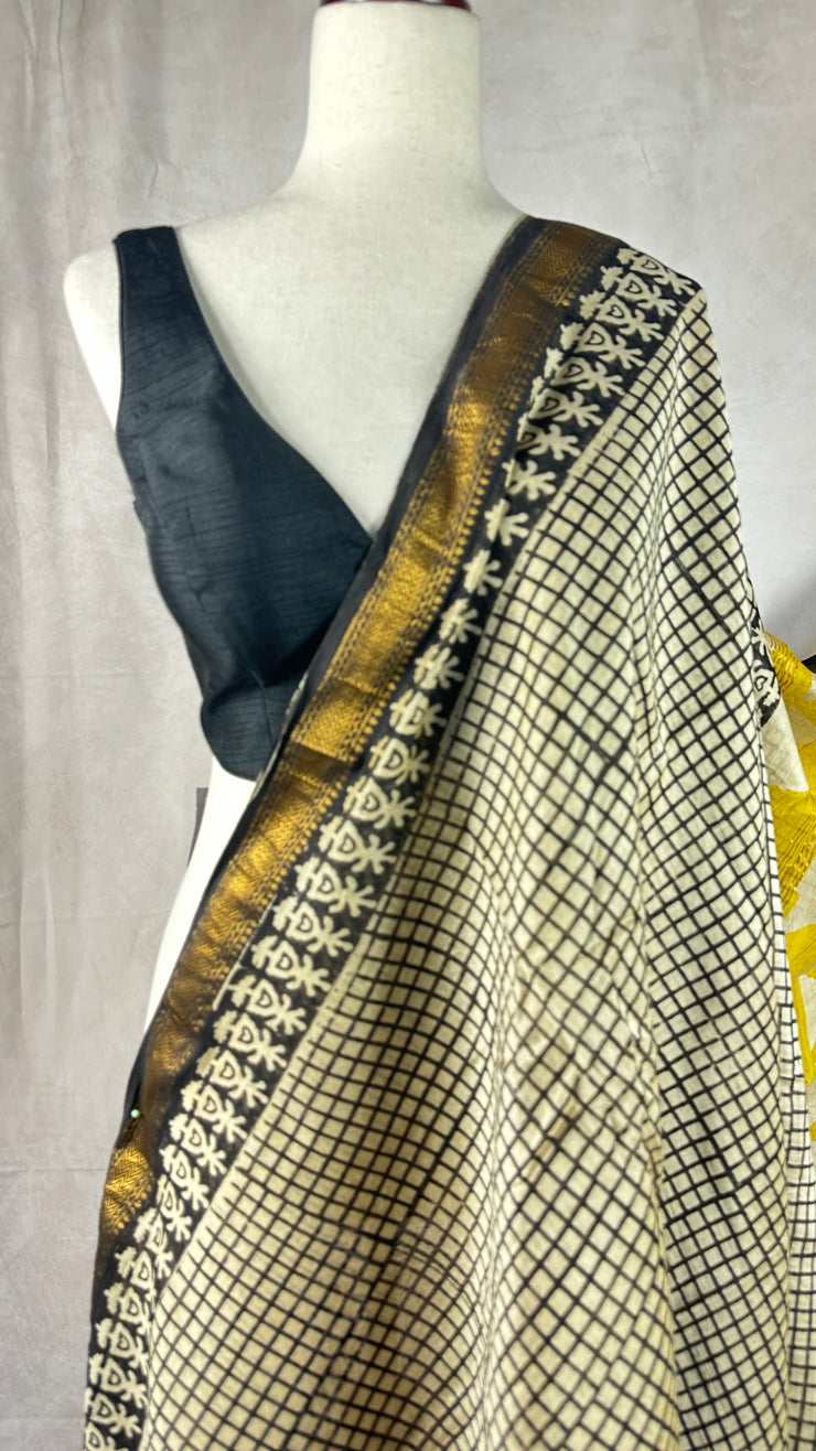 Handblock printed Maheswari cotton silk saree