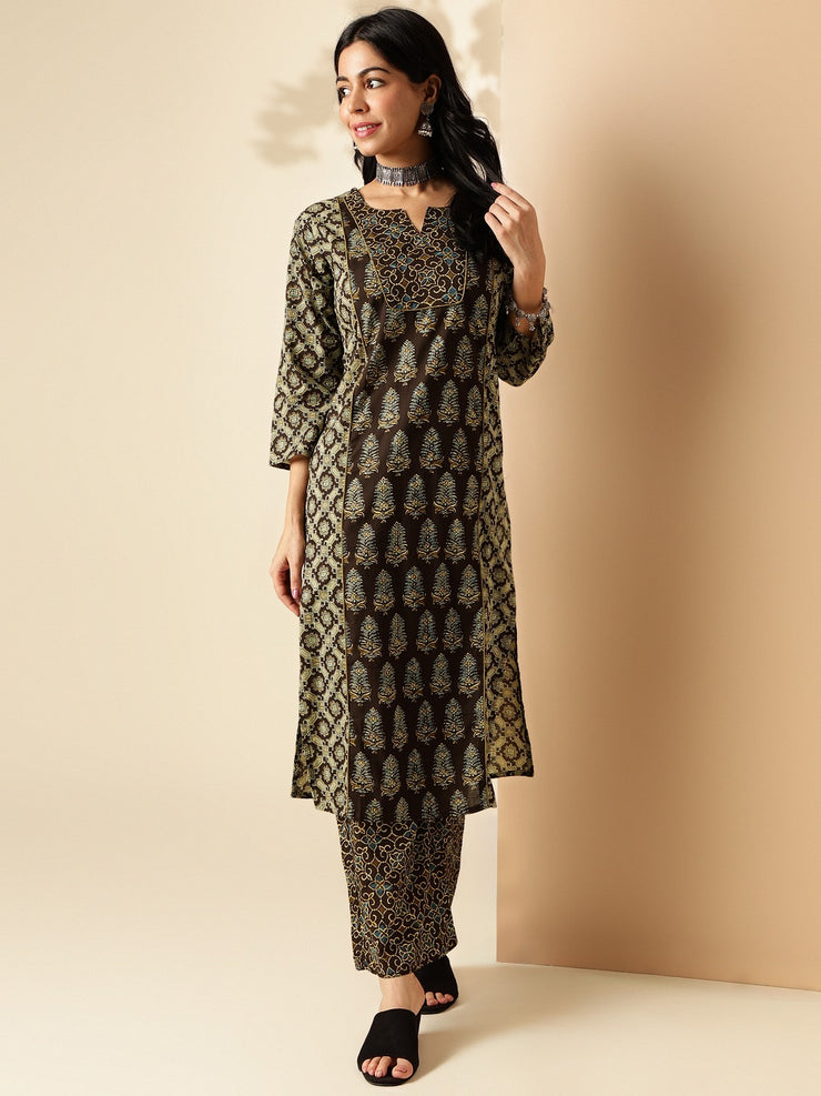 Ajrakh printed Black cotton kurti with bottom