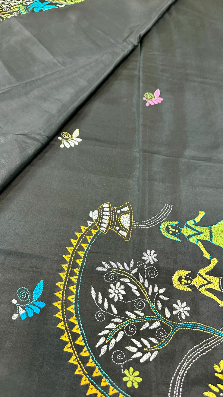Black Pure Bangalore Silk Saree with Kantha Work and Stitched Blouse