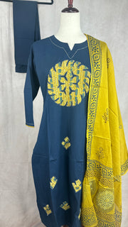 Indigo blue cotton kurti with mirror and handwork, with bottom and dupatta