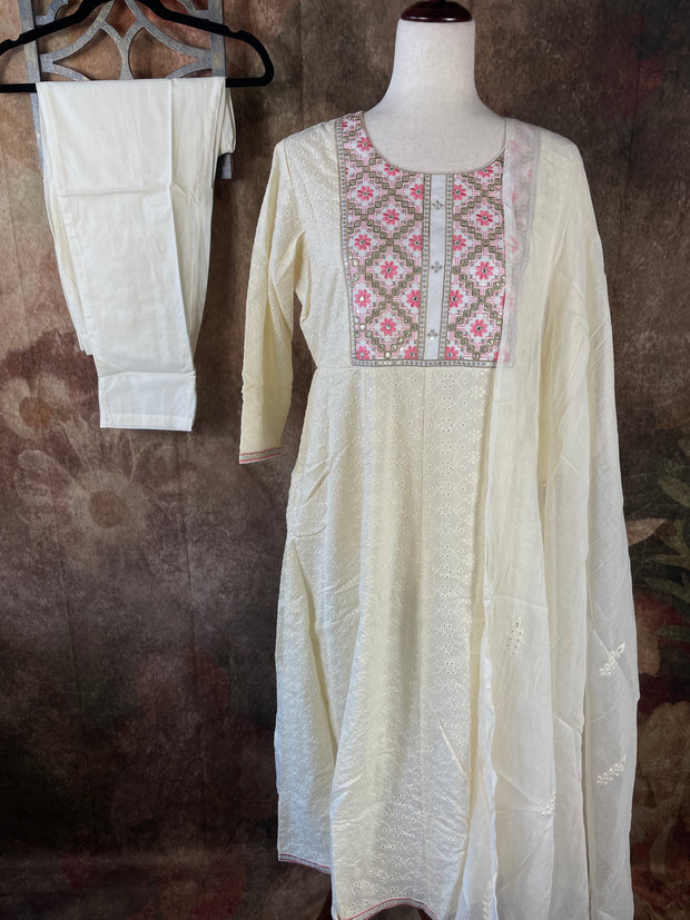 Off white flared anarkali with bottom and dupatta