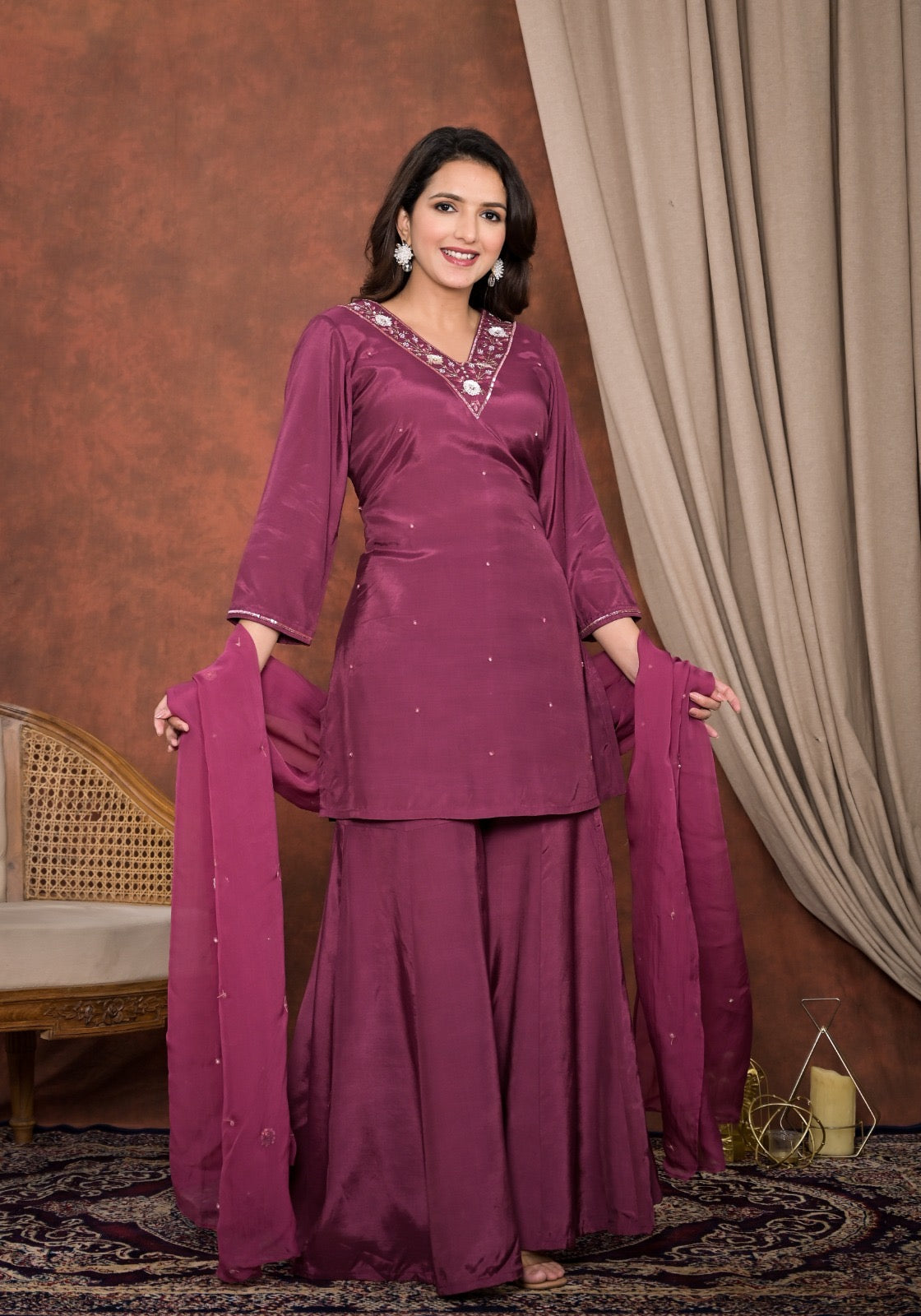 Wine red crepe kurti with flared palazzo and dupatta