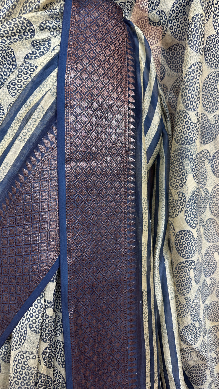 Indigo Blue Maheswari Silk Saree with stitched blouse