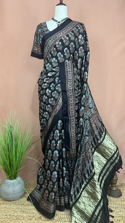 Ajrakh hand block printed Modal silk saree with bead and mirror wirk, with stitched blouse