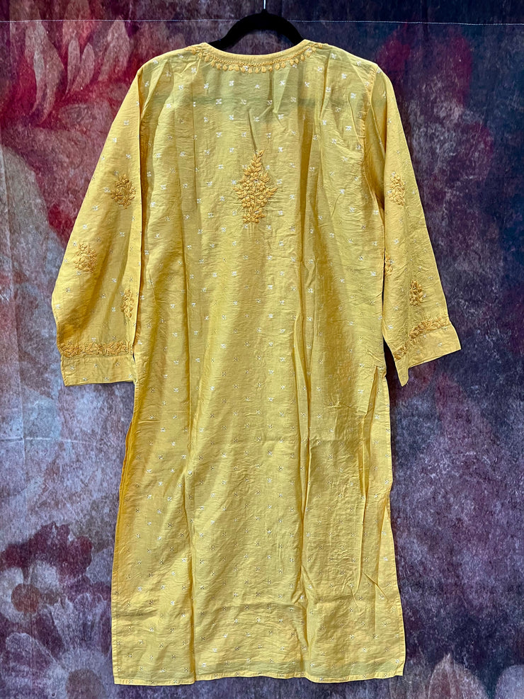 Mustard yellow color Banarsi silk chikankari kurti