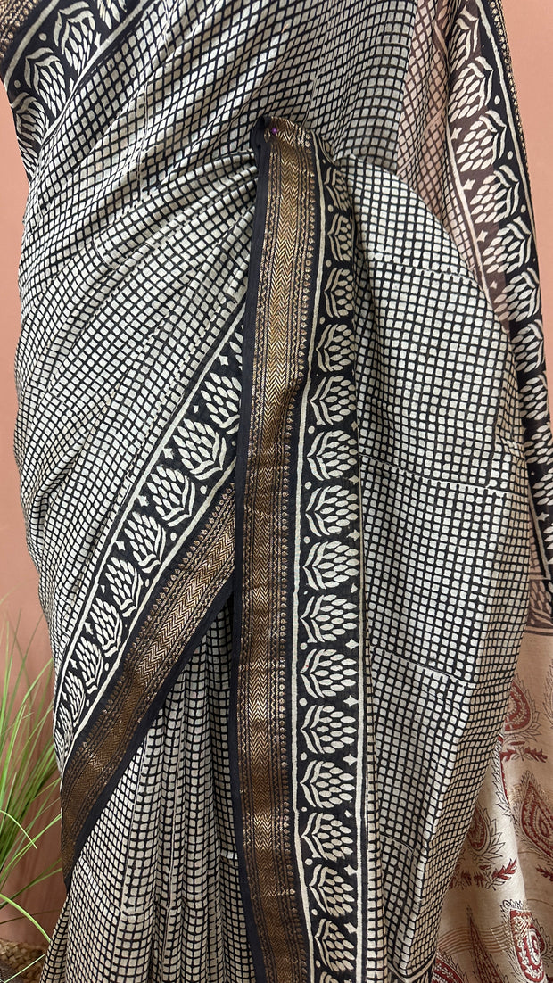 Handblock printed Maheswari cotton silk saree