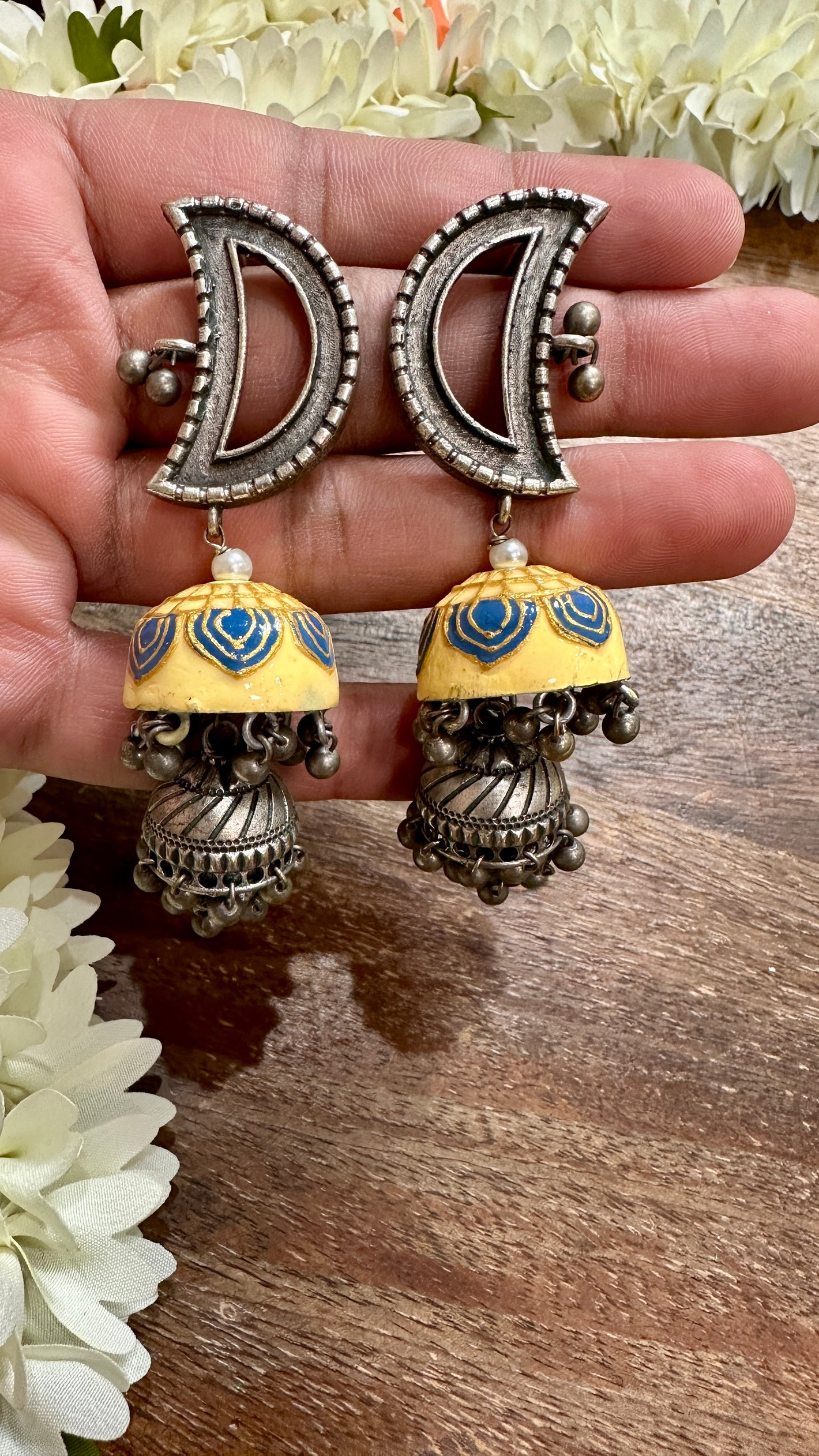 Sliver replica yellow meenakari Jhumka