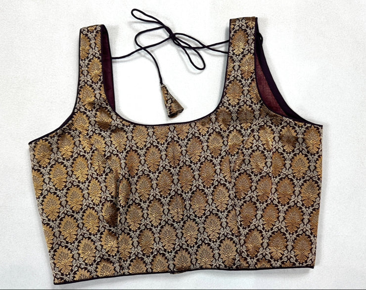 Brown gold silver brocade sleeveless blouse