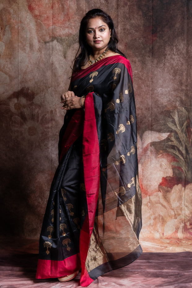 Black and deep red chanderi silk saree , No BP