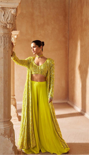 Yellowish green crop top with shrugg and palazzo