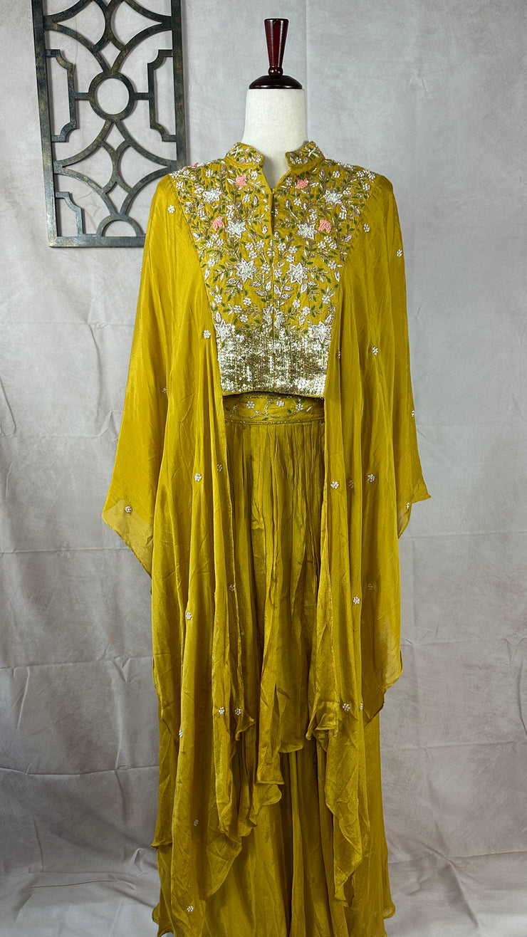 Mustard yellow crepe designer top with skirt