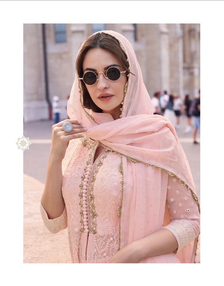 Baby pink flared top with palazzo and dupatta