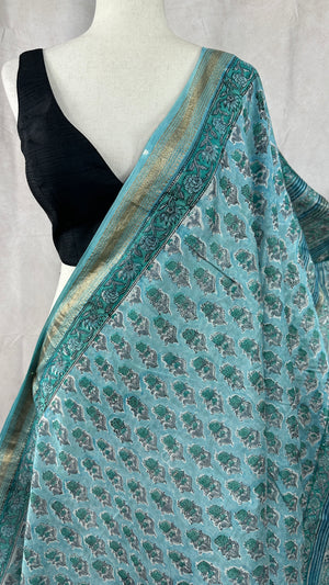 Handblock printed Maheswari cotton silk saree