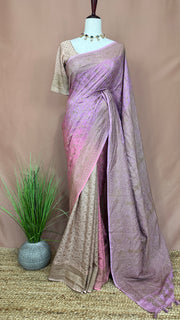 Lotus pink ombre pure crepe silk saree with stitched blouse